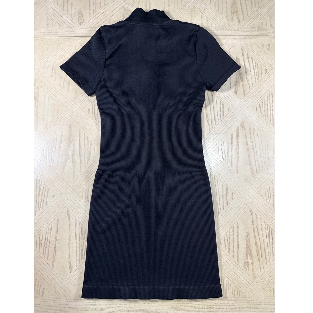 OQQ Black Ribbed Short Sleeve Zip Up Mock Neck Bodycon Mini Dress Compression S - Picture 2 of 12